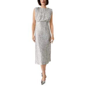 Ann Taylor Silver Sequin Midi Dress Shirred Waist Size 14 NEW